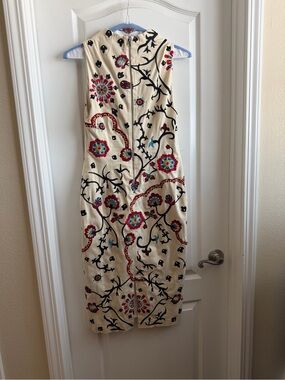 Alice + Olivia Cream Midi Dress with Multicolor Embroidered Floral Motif